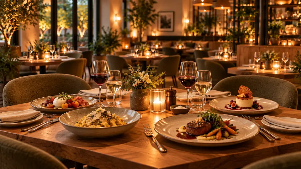Festlich gedeckter Restauranttisch für ein mehrgängiges Abendmenü